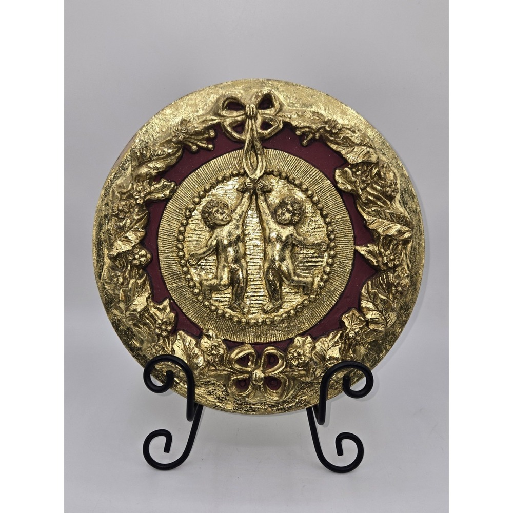 Vintage Cherub Wall Art Gold Gilt Plastic Florentine Style Relief Plaque Decor